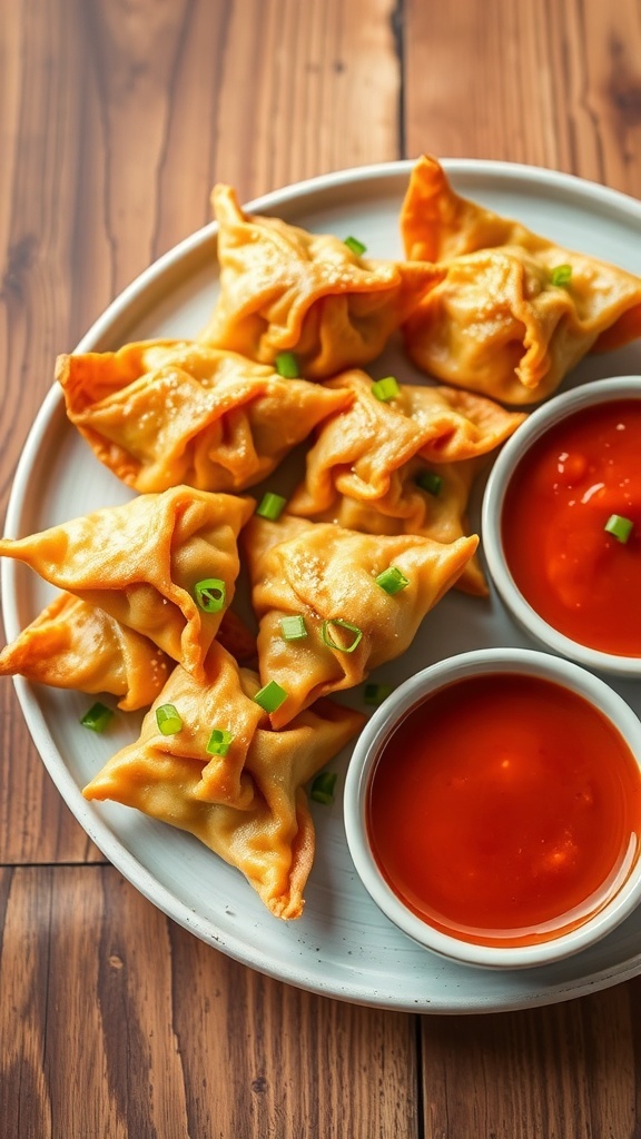 Crispy Air Fryer Pork Wontons Recipe Crispy air fryer pork wontons on a plate with sweet chili sauce for dipping.